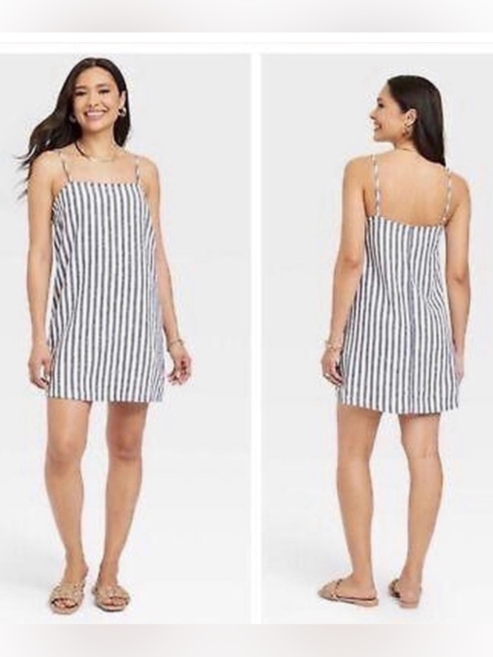 ⚜️ a new day Striped Linen Dress Navy Blue & White Adjustable Straps
